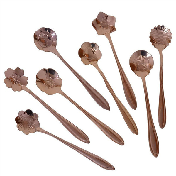 Rose Gold Stainless Steel Coffee Spoon Flower Shape Tea Cake Ice Cream Sugar Spoons Flatware Tableware Kitchen Tools 0258