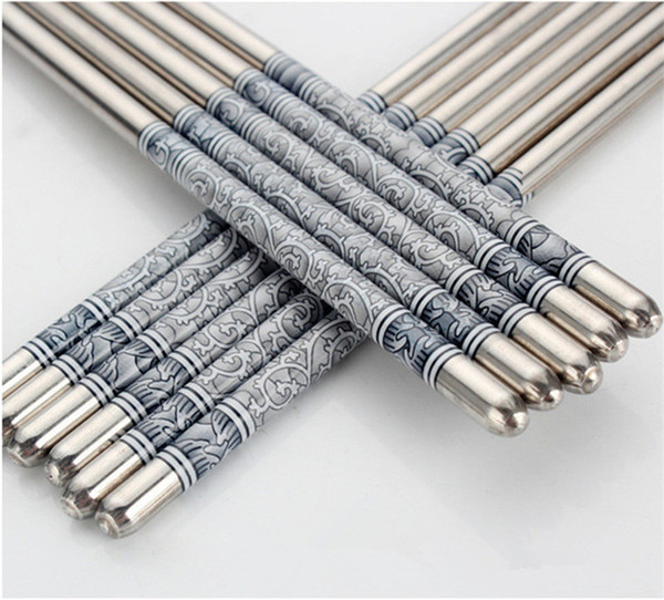 High-grade 304 stainless steel chopsticks blue and white porcelain pattern spiral pattern environmentally friendly and durable household