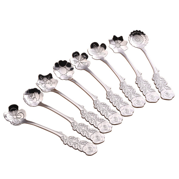 Stainless Steel Flower Shape Spoon Coffee Stirring Scoop Ice Cream Cake Dessert Spoon Creative 8 styles Rose Flowers handle Tableware spoon