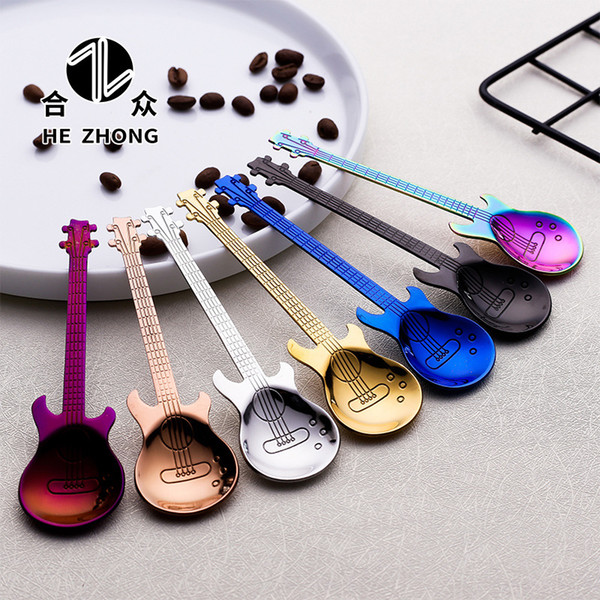 Creative stainless steel coffee spoons Guitar Violin shape dessert spoon Stirring spoon lovely titanium plated ice scoop