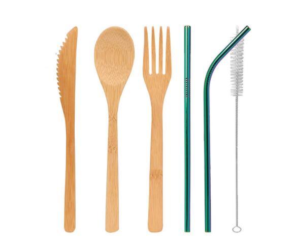 DHL Bamboo Cutlery Set 5Pcs/Set and 3pcs/Set spoon Fork Knife straw brush Flatware Dinnerware Set home Dining Kitchen Cooking Tool