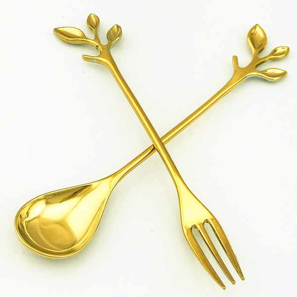 jy77 Leaf Fruit Fork Gold Silver European Style Tableware Set Mini Luxury Stainless Steel Dinnerware Forks Mirror Normal polishing to choose