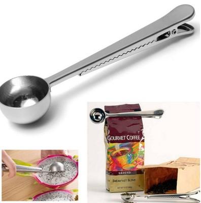 New Cooking Tool Stainless Cup Ground Coffee Measuring Scoop Spoon with Bag Sealing Clip Kitchen Good Helper DIY