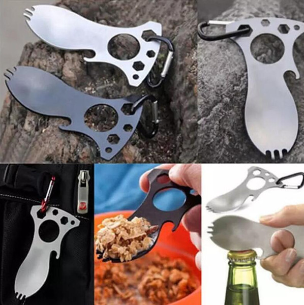 Free Shipping New Outdoor Multi Functional Travel Kits Fork Carabiner Screwdriver EDC Tool Wrench Spoon Camping 3 Hex Heads Bottle Opener