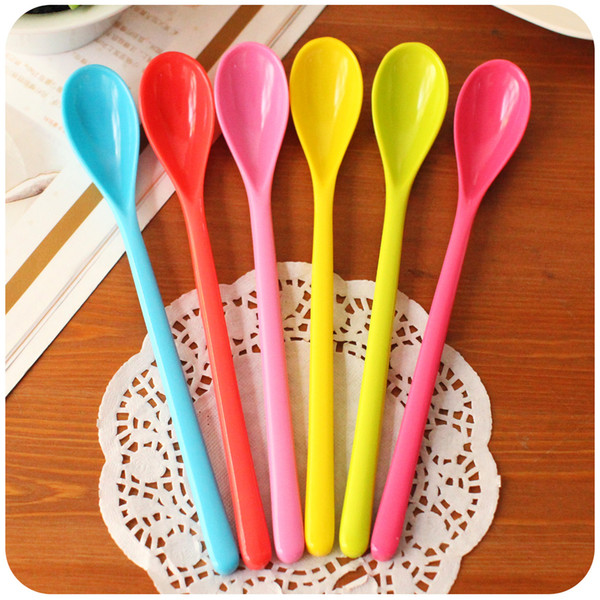 Wholesale- 10pcs/Lot Candy Color Long Handled Spoon mixing Melamine Plastic Spoon Coffee Honey Spoons