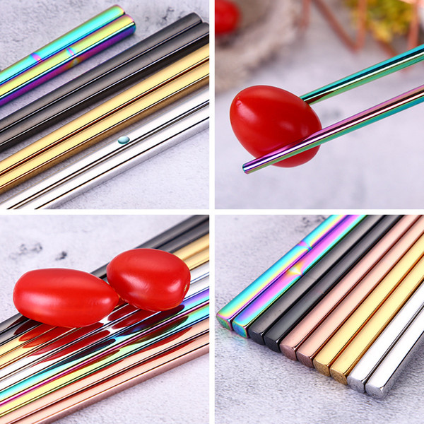 Hot new Glossy Titanium Plated Golden High-grade Chopsticks, Colorful Stainless Steel Chopsticks, Good Quality Gold Rainbow Square Chopstick