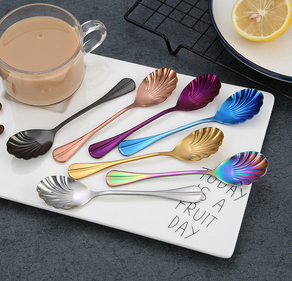 Newest 7 Colors Unique Shell Spoons Stainless Steel Spoon Upscale Restaurant Dessert Spoon Ice Cream Scoops Kitchen Accessories DHL