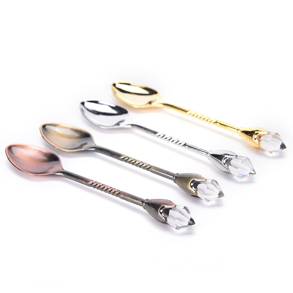 Brief Style 4 Colors Vintage Alloy Carved Coffee Tea Spoons with Crystal Head Fruit Forks Dessert Scoops