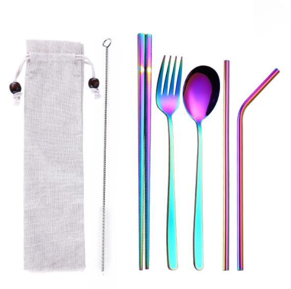 Rainbow Stainless steel Cutlery Set with Portable bag 3PCS/SET and 5PCS/SET Flatware spoon chopsticks straw brush Kitchen Tableware