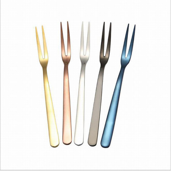 13cm Promotion Colorful Metal Fruit Fork Good Quality Titanium Plated Two Teeth 304 Stainless Steel Cake Fork Gift - Support Make Logo