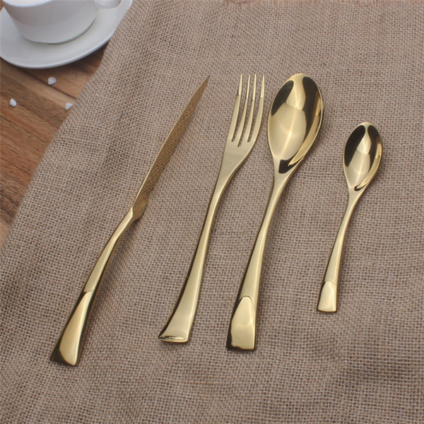 4Pcs Wedding Gold Tableware Set Gold Knife Fork Spoon Set Stainless Steel Glossy Gold Flatware Set