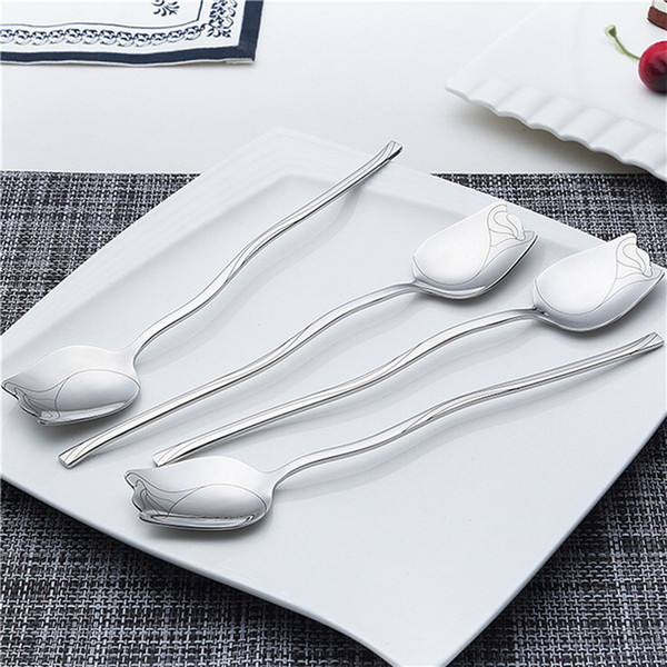 Wholesale Spoons Metal Spoons Stainless Steel 304 Silver Flower Spoons Fancy Rose Design Wedding Party Supplies