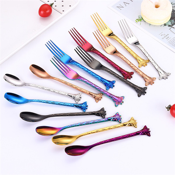 Creative Giraffe Spoons Forks Gold Forks Spoons PVD Plated Colored Stainless Steel 304 Dessert Forks Spoons