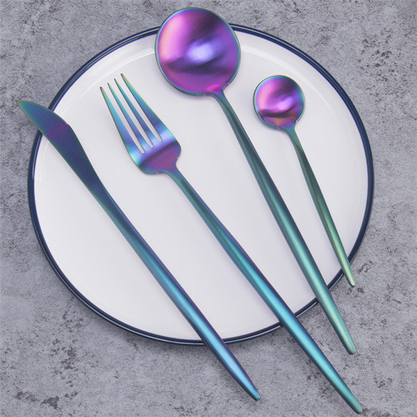 Chic Rainbow Color Flatware Dinnerware Matte Polish Stainless Steel Tableware Restaurant PVD Plated Metal Rainbow Cutlery