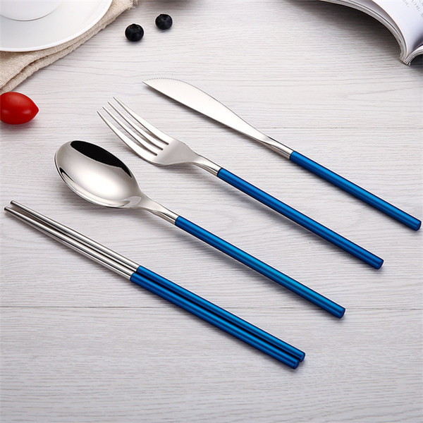 2018 Cool 304 Stainless Steel Chopsticks Spoon Fork Knife Silver and Blue Tableware Cutlery Flatware Dinnerware