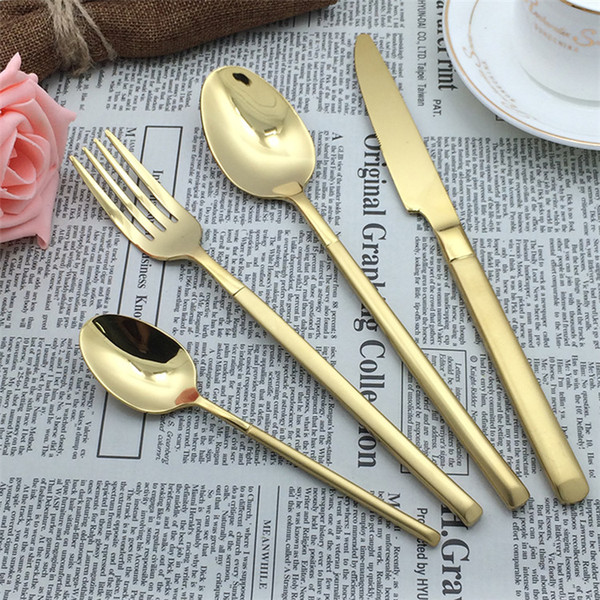 Top Choice Stainless Steel 18/10 Hotel Gold Cutlery with Square Satin Handle, Gold Cutlery Restaurant Golden Spoon Fork