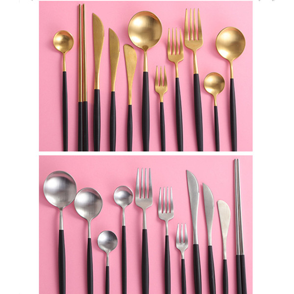 Luxury Dinnerware Gold Black Tableware Knife Fork Spoon Top Choice Matte Silver and Black Hotel Cutlery