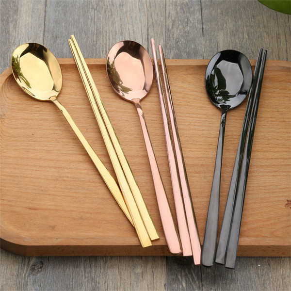 Promotional 2Pcs Chopsticks Spoon Set PVD Plated Stainless Steel Tableware Metal Cutlery Set Chopsticks Plastic Box Packing