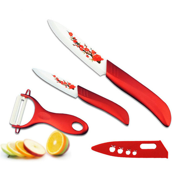 Beauty Gifts Kitchen,dining & bar Red Flower Painted Zirconia Ceramic fruit Knife Set Kit 3