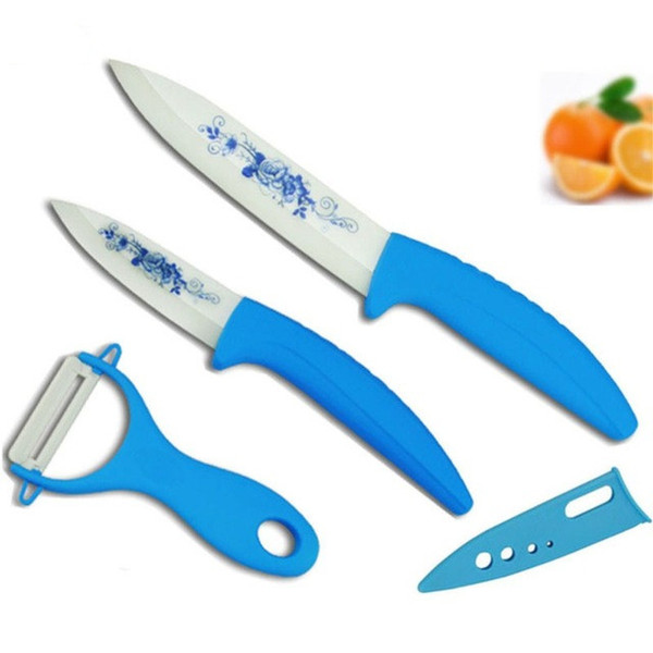 Beauty Gifts Kitchen,dining & bar Blue Flower Painted Zirconia Ceramic fruit Knife Set Kit 3