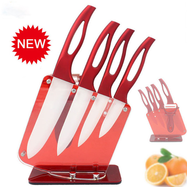 Beauty Gifts Zirconia red handle Ceramic Knife with holder kitchen Set 3