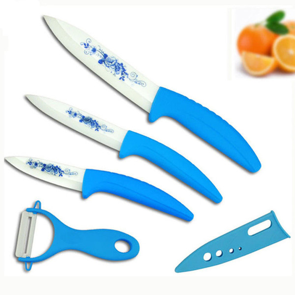 Hot High Quality Blue Flower Painted Zirconia Ceramic fruit kitchen Knife Set Kit 3