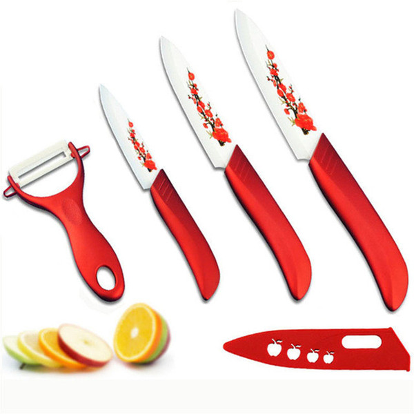 Hot High Quality Red Flower Painted Zirconia Ceramic Kitchen Knife Set fruit Kit 3