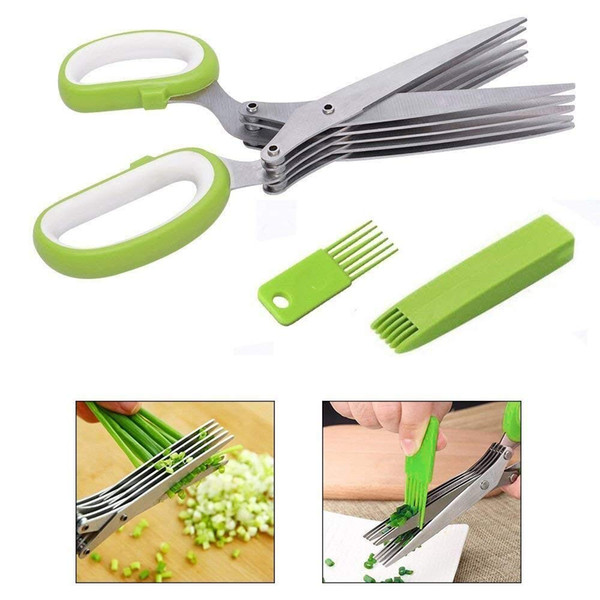 Kitchen Herb Scissors, Multipurpose Herb Cutting Scissors Kitchen Shears Stainless Steel 5 Blades with Cleaning Brush & Cover Comb