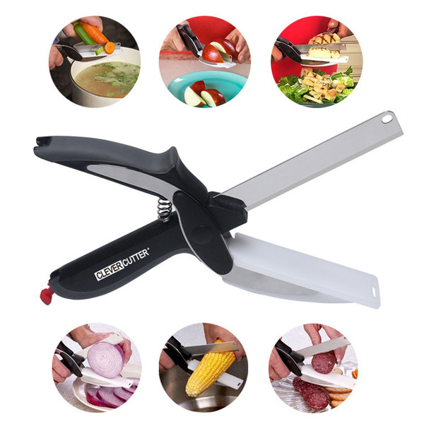 Stainless Steel Clever Cutter 2-in-1 Utility Kitchen Scissors for Food Bread Meat Vegetables Cutting Knife Multi-function Food Cutter