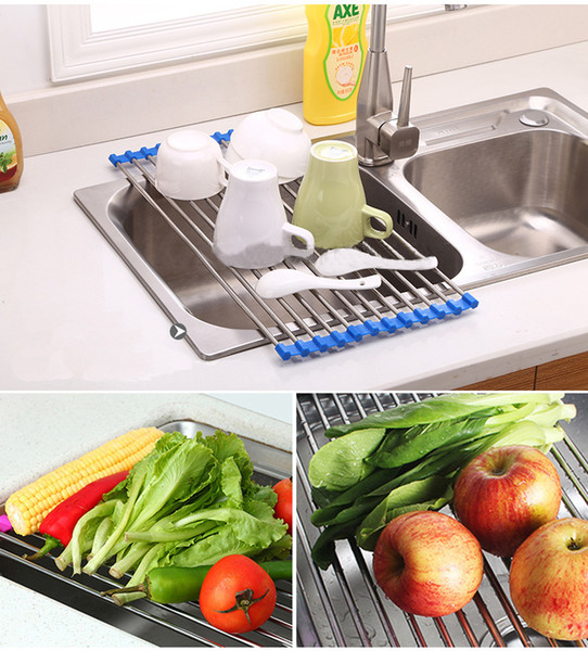 Over The Sink Roll-Up Dish Drying Rack Multipurpose Dish Drainer Mat with Plates Holder Fruits and Vegetable Rinser Silicone Stainless Steel