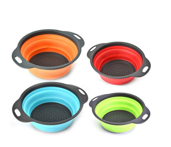 4 Colors 2pcs/set Foldable Silicone Colander Set Fruit Vegetable Washing Basket Strainer Collapsible Drainer With Handle Free Shipping