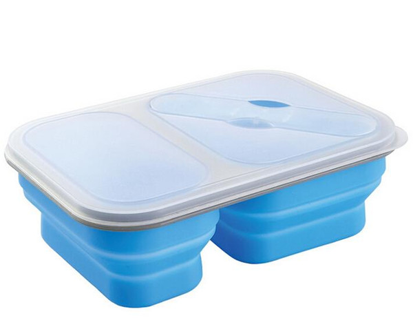 Silicone Food Container 2 Rooms 100% Silicone Folding Food Box With Spoon Fork Locked Fruit Story Case Portable Oven Safe