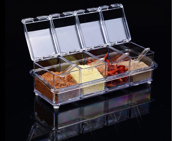 Crystal Seasoning Box Pepper Salt Spice Rack Plastic 4 Box with Spoons Kitchen See Through Storage Containers 2016 New