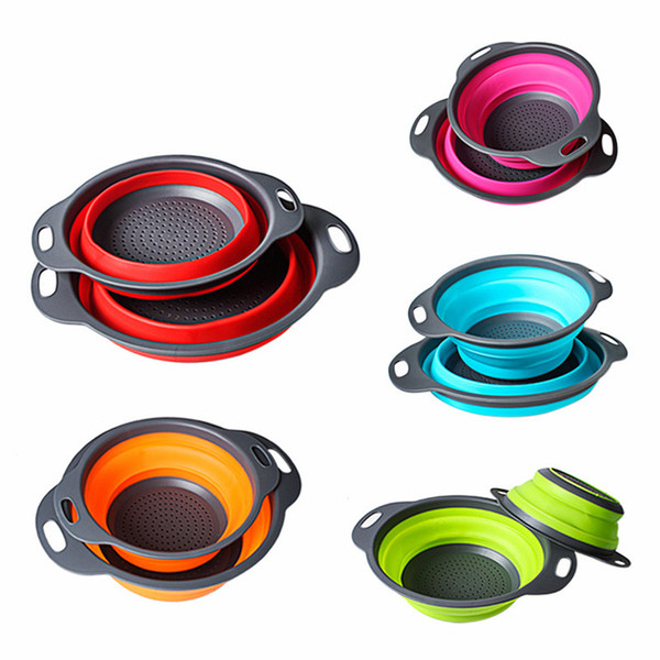 2pcs/set Folding Collapsible Silicone Colander Strainer Kitchen Fruit Filter Basket Fruit Vegetable Colander Kitchen storage bowl FFA1863