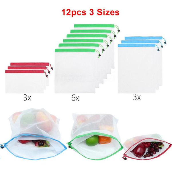 12pcs/set Reusable Mesh Produce Bags Washable Eco Friendly Bags for Grocery Shopping Storage Fruit Vegetable Toys Sundries