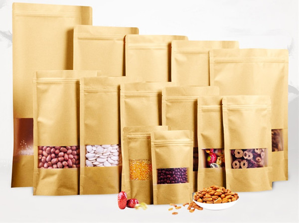 100Pcs Food Moisture-proof Bags,Window Bags Brown Kraft Paper Doypack Pouch Ziplock Packaging for snack,Cookies