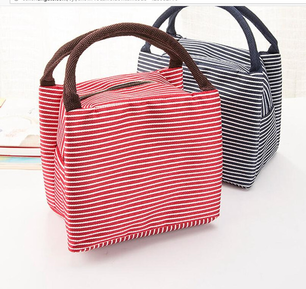 Free Shipping Leisure Women Portable Lunch Bag Canvas Stripe Insulated Cooler Bags Thermal Food Picnic Lunch Bags Kids Lunch Box Bag Tote