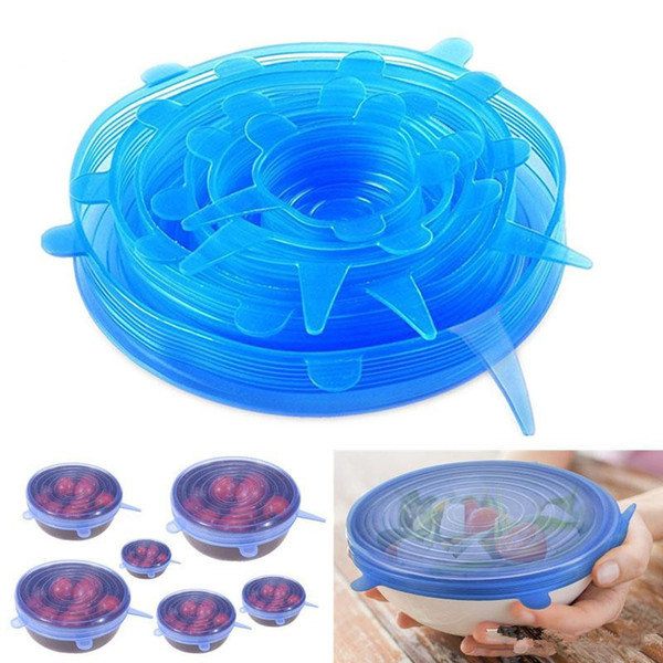 6Pcs/Set 4 Color Silicone Stretch Suction Pot Lids Food Grade Fresh Keeping Wrap Seal Lid Pan Cover Kitchen Accessories T0199