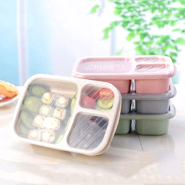 Lunch Box 3 Grid Wheat Straw Student Health Portable Food Storage Box Outdoor Camping Picnic Fruit Storage Tableware Lunchbox VT1347