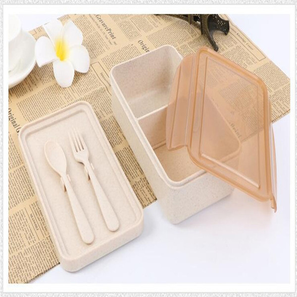 Double-layer spoon fork Lunch Box Wheat Straw Dinnerware Food Storage Container Children Kids School Office Portable Bento Box