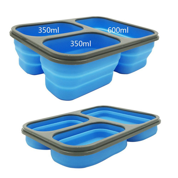 Portable 3 Grid Foldable Silicone lunch box with Lid Spoon Dinner Plates set Household Supplies Kitchen Accessories Travel Tools