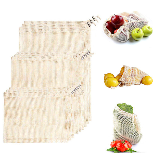 3pcs/Set Reusable Cotton Mesh Grocery Shopping Produce Bags Vegetable Fruit Fresh Bags Hand Totes Home Storage Pouch Drawstring Bag