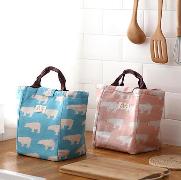 Canvas Insulated Lunch Bag Flamingo Bear Drawing Picnic Lunch Pouch Bag Baskets With String Home Storage Organization