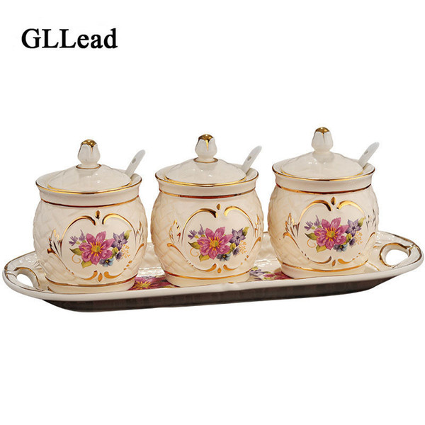 Gllead European Style Ceramic Cruet Hand Painted Gold Kitchen Series Seasoning Tools 3-piece Set And Plate Kitchen Seasoning Pot SH190715