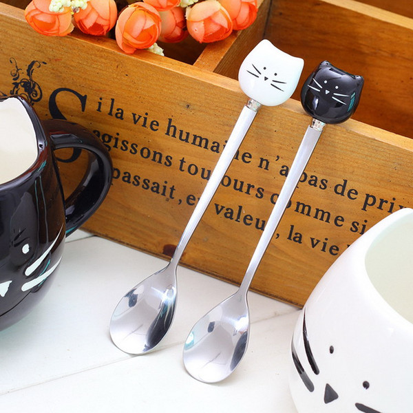 DHL Shipping Free Lovely Cartoon white & black Cat Ceramic Handle Stainless Steel Spoon Stirring Coffee Spoon Best Wedding Favors