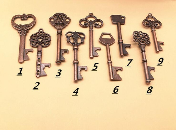 Mixed 9 Styles Antique Bronze Metal Skeleton Key Shaped Bottle Opener Rustic Wedding Decor Party Favor