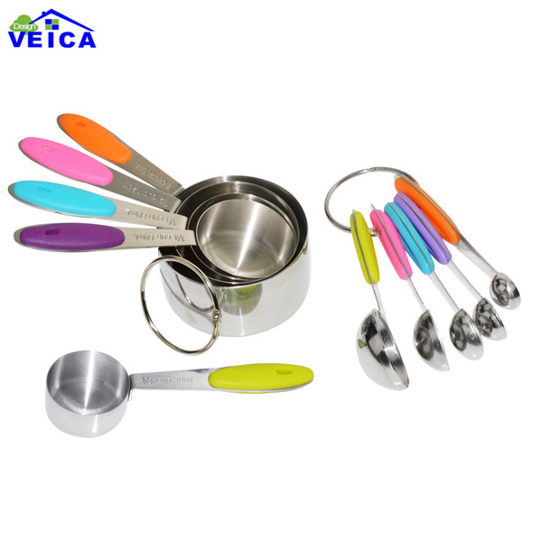 10pcs Colorful Stainless Steel Measuring Cups And Measuring Spoon Scoop Silicone Handle Kitchen Measuring Tool