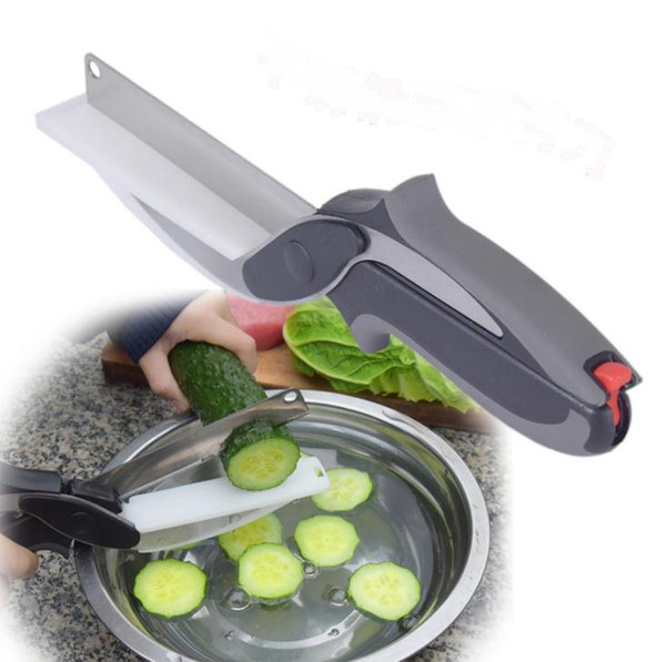 Kitchen Clever Smart Cutter 2 in 1 Knife Cutting Board Scissors Accessories Food Cheese Meat Vegetable Stainless Steel Cutter with boxSN844