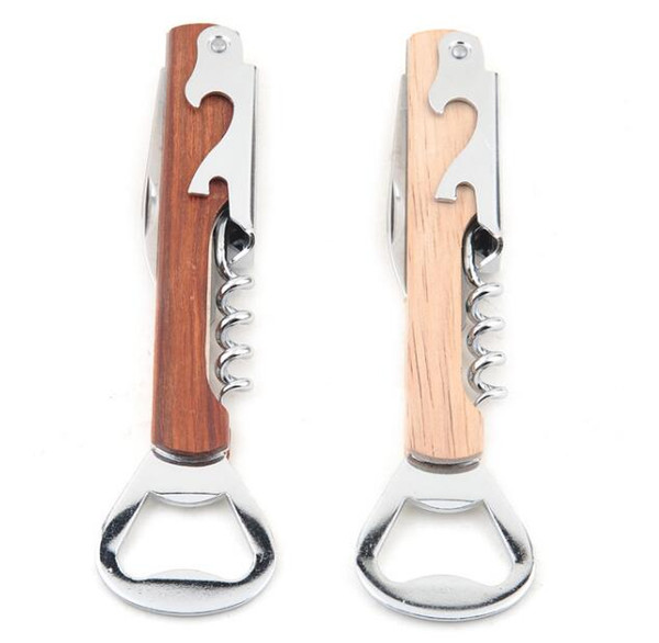 Wood Handle wine opener Stainless Steel Hand-Held Deluxe Bottle Opener Corkscrew Double Hinge Waiters Wine Bottle Opener