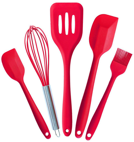 5pcs/ lot silicone Kitchen Cake Tools Bakeware Set Silicone Utensils 1 Brush 1 Egg beater 2 Spatulas 1 Drain Shovel Baking Tools B1106